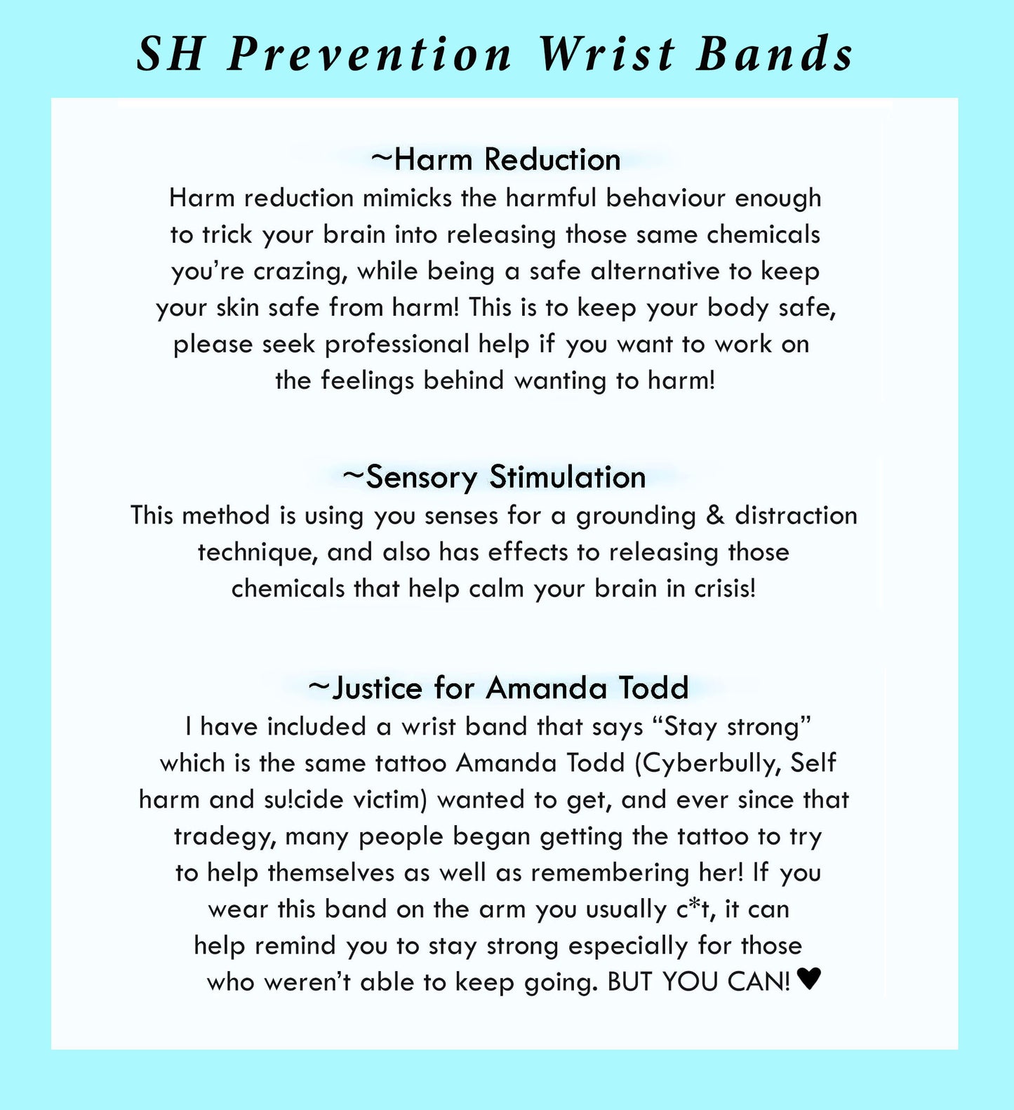 Stay Strong Wrist Band & Rubber Bands (Amanda Todd inspired Harm Reduction tool)