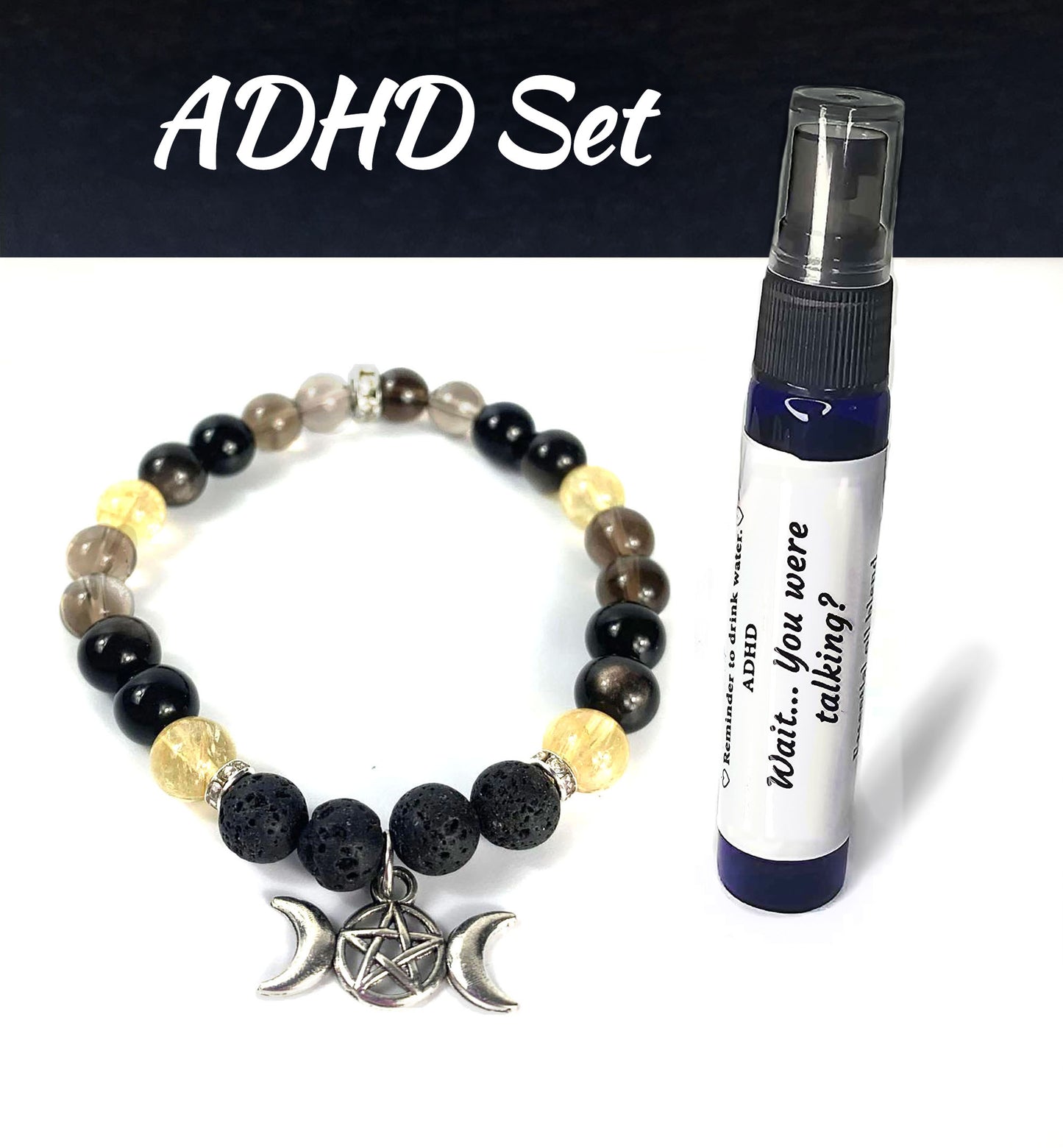 ADHD & Focus Support Aromatherapy Set | Crystal Diffuser Bracelet (Customizable Charm) & Essential Oil Spray Bottle