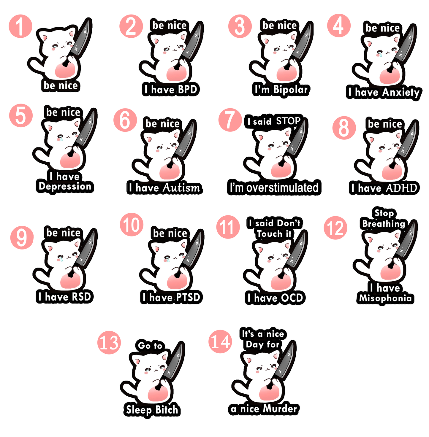 "be nice" knife cat stickers (BPD, Anxiety, & more)