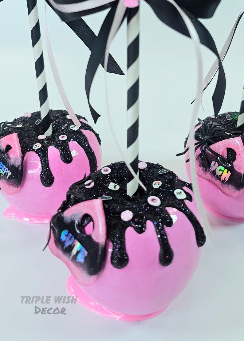 Pink Poison Candy Apples, Halloween Apple, Food Props, Faux Candy Apple